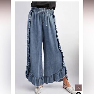 Easel Chambray Pants with Ruffle Detail